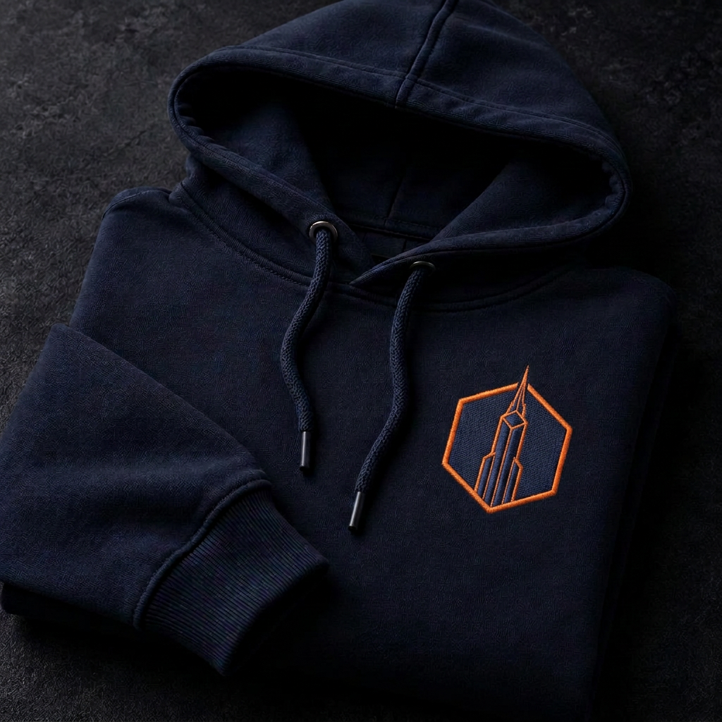 Deep navy Agent Ace pullover hoodie laid flat with a shield emblem on the chest