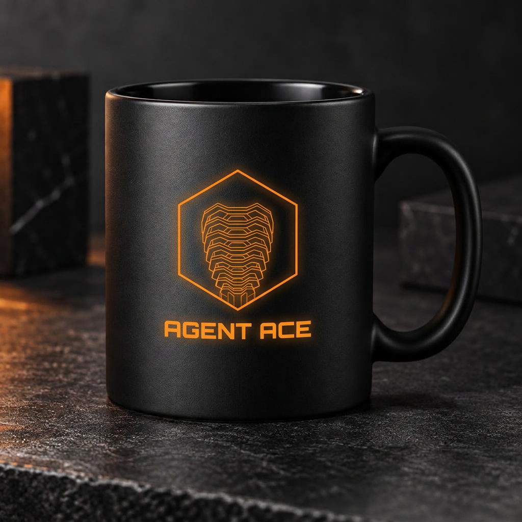 Matte navy Agent Ace ceramic mug with a white shield emblem