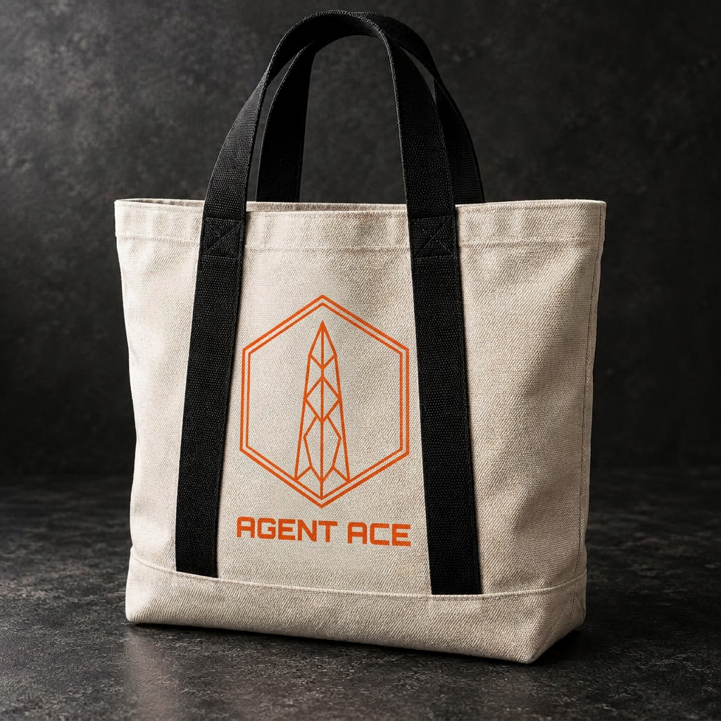 Natural canvas Agent Ace tote bag with black handles and bold navy lettering